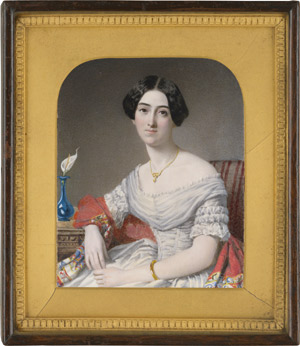 Lot 6853, Auction  112, Dixon, Annie - Umkreis, Bildnis einer jungen Frau in weissem Kleid mit rotem Schal, an Tisch sitzend