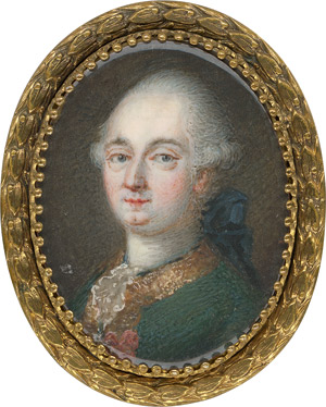 Los 6873 - Französisch - um 1765/1770. Bildnis eines Mannes in goldgeränderter grüner Jacke mit weißer Halsbinde und Spitzenjabot, eine rote Schleife, wohl für Orden, an der Brust. - 0 - thumb