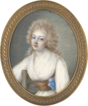 Los 6880 - Desvernois, François-Joseph - Bildnis einer jungen Frau in weißem Kleid und goldfarbigem Gürtel mit blauer Scheife, ihr rechter Arm über einer Stuhllehne - 0 - thumb