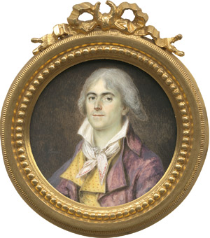 Lot 6892, Auction  112, Boquet, Bildnis eines jungen Mannes in altrosa Jacke mit rot bestickter gelber Weste und weißem Halstuch bestickt mit roter Bordüre