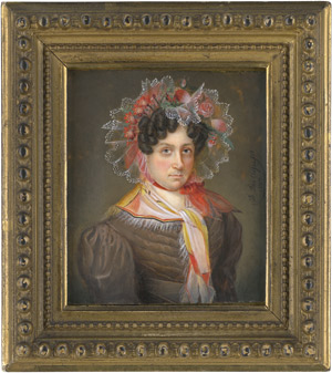 Lot 6904, Auction  112, Du Caju, Dominicus, Bildnis der Sophie Delaforet in braunem Kleid, eine weiße Spitzenhaube mit roten Gazebändern und Blumen im Haar