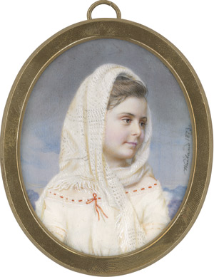 Los 6906 - Wailand, Friedrich - Bildnis eines Mädchens in hellem Kleid mit rotem Band am Ausschnitt, ein bestickter Schal um Ihren Kopf drapiert, vor gebirgigem Landschaftshintergrund - 0 - thumb
