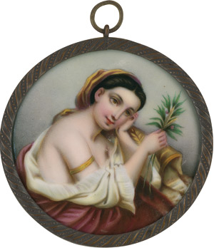 Lot 6922, Auction  112, Kontinentaleuropäisch, spätes 19. Jahrhundert. Bildnis einer jungen Frau, halb entblößt sinnend und eine Pflanze haltend 