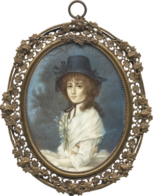 Los 6925 - Europäisch - spätes 19. Jahrhundert. Bildnis einer jungen Frau mit dunkelblauem Hut, in weißem Kleid vor Waldhintergrund sitzend - 0 - thumb