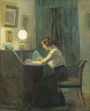 Lot 7061, Auction  112, Nybo, Poul Friis, Interieur mit schreibender Frau bei Lampenlicht