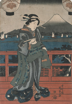 Lot 341, Auction  113, Kunisada, Utagawa und Kuniyoshi, Utagawa, Bijin auf roter Terrasse vor dem Fujisan + Sumoringer-Beilageblatt