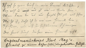 Lot 2096, Auction  113, May, Karl, Fragment eines eigenhändigen Gedichtmanuskripts