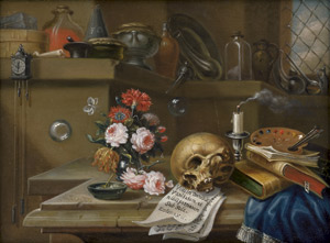 Lot 6032, Auction  113, Niederländisch, 18, Jh. Memento Mori: Stillleben mit Totenschädel, Malerpalette und verlöschender Kerze