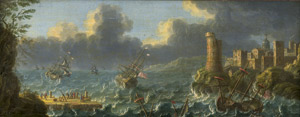 Lot 6050, Auction  113, Grevenbroeck, Charles-Leopold - zugeschrieben, Sonnenuntergang über einer südlichen Hafenstadt mit Schiffen; Schiffe auf stürmischer See bei einem Hafen