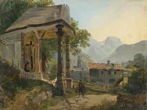 Lot 6086, Auction  113, Deutsch, Um 1840. Wegkapelle in den Bergen