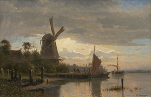 Lot 6090, Auction  113, Scherzer, Alexander Georg Heinrich, Abendstimmung am Kanal mit Windmühle und Raddampfer