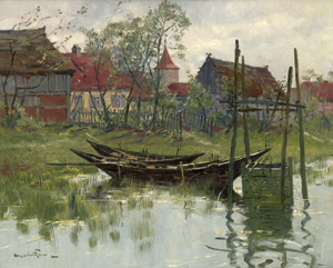 Lot 6161, Auction  113, Rau, Alexander, Ufer des Fahrländer Sees bei Potsdam mit zwei Kähnen und Fischfalle