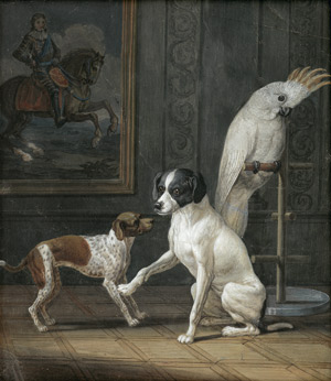 Lot 6183, Auction  113, Deutsch, um 1840. Interieur mit einem Kakadu und zwei Hunden