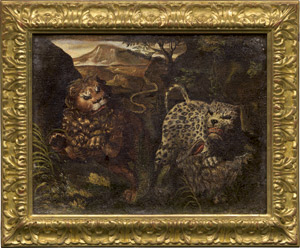 Lot 6381, Auction  113, Caroselli, Angelo, Löwe trachtet dem Leoparden nach der Beute
