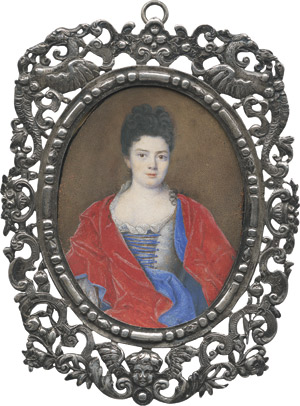 Lot 6458, Auction  113, Le Clerc, David - zugeschrieben, Bildnis einer jungen Frau in Silberbrokat-Kleid mit blauen Miederschnüren, weiße Spitzenrüschen am Ausschnitt, über den Schultern ein blau gefütterter roter Umhang.