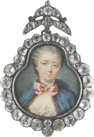 Lot 6473, Auction  113, Französisch, um 1750. Bildnis einer jungen Frau in pelzbesetztem blauem Domino mit rosa Schleife, weiße Spitzen am Dekolleté