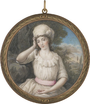 Lot 6480, Auction  113, Italienisch, um 1790/1795. Bildnis einer jungen Frau in melancholischer Pose, in rüschenbesetztem weißem Mousslinekleid mit rosa Gürtelband, ein weißer Tuban auf ihrem Kopf, in Waldlandschaft sitzend, rechts Ausblick auf Zypressenhain.