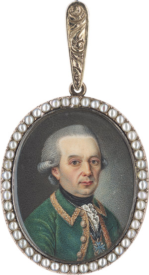 Lot 6481, Auction  113, Deutsch, um 1770/1775. Bildnis eines Würdenträgers in goldbestickter grüner Jacke mit preußischem Orden "Pour le Mérite" an schwarzem Band um den Hals