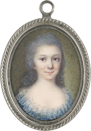 Lot 6482, Auction  113, Französisch oder Italienisch, um 1780. Bildnis einer jungen Frau mit grau gepudertem Haar, in blauem Kleid, weiße Spitzenrüschen am Dekolleté