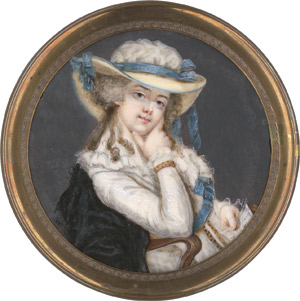 Lot 6483, Auction  113, Europäisch, Bildnis einer sitzenden jungen Frau in weißem Kleid, mit blaugerändertem Strohhut