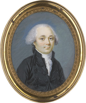 Lot 6484, Auction  113, Französisch, um 1790. Bildnis eines jungen Mannes in dunkler Jacke und Weste mit weißer Halsbinde und gefälteltem Gaze-Jabot