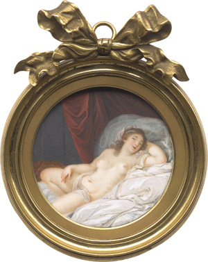 Lot 6487, Auction  113, Lafrensen, Nicolas - Werkstatt, Bildnis einer jungen Frau fast nackt in lasziver Pose im Bett, im Hintergrund rote Samtdraperie.