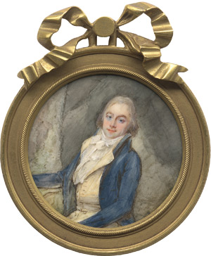 Lot 6488, Auction  113, Romany, François Antoine, Bildnis eines an einer Säule sitzenden jungen Mannes in blauer Jacke mit gelber Weste und geknoteter weißer Halsbinde. 