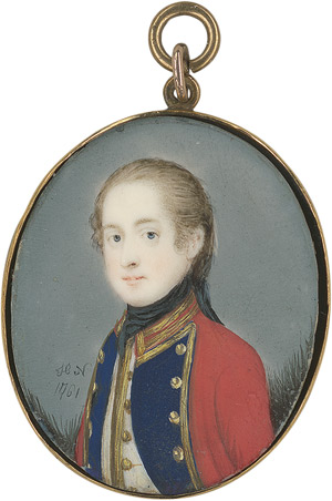 Lot 6491, Auction  113, N., H., Bildnis eines jungen Mannes in roter Uniform mit blauen Revers und goldgeränderter weißer Weste, schwarzer Halsbinde.