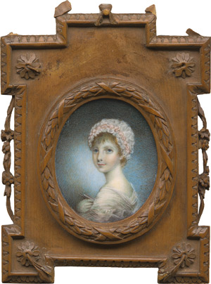 Lot 6492, Auction  113, Englisch, um 1780/1790. Bildnis eines über seine linke Schulter blickenden kleinen Mädchens, seine weiße Haube mit rosa Seidenband durchzogen.