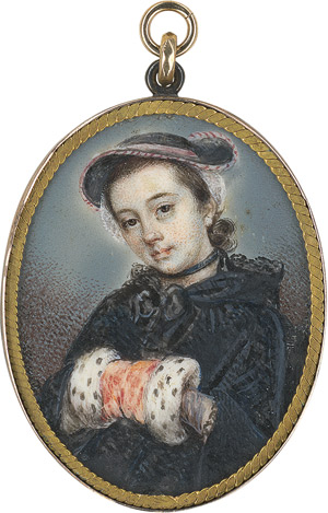 Lot 6494, Auction  113, Pine, Salomon - Umkreis, Bildnis eines Mädchens in schwarzem Domino mit Kapuze, ein rosa gerändertes schwarzes Hütchen im Haar, die Hände in einem hermelingefütterten orangen Muff