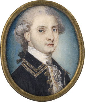 Lot 6496, Auction  113, Englisch, um 1775/1780. Bildnis eines jungen Mannes genannt Major William Henry Birch, in goldbordierter dunkler Jacke mit weißer Weste und Halsbinde mit Spitzenjabot.