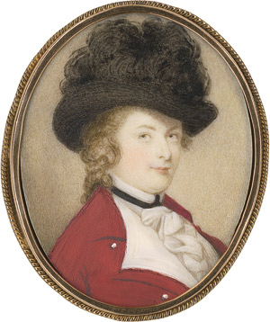 Lot 6499, Auction  113, Humphrey, Ozias - zugeschrieben, Bildnis einer jungen Frau mit schwarzem Federnhut in rotem Jagdkleid mit weißen Revers und weißer Rüschenkrawatte