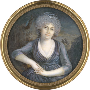 Lot 6502, Auction  113, Dun, Nicolas-François - Umkreis, Bildnis einer jungen Frau genannt Madame Dupuis (1756-1839), in blauviolettem "changeant" Seidenkleid mit verschränkten Händen in einer Landschaft sitzend 
