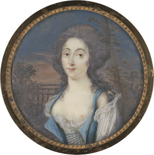 Lot 6503, Auction  113, Französisch, um 1780/1785. Bildnis einer jungen Frau in busenfreier weißer Bluse, ihr hellblaues Mieder geöffnet, vor spätabendlichem Parkhintergund.