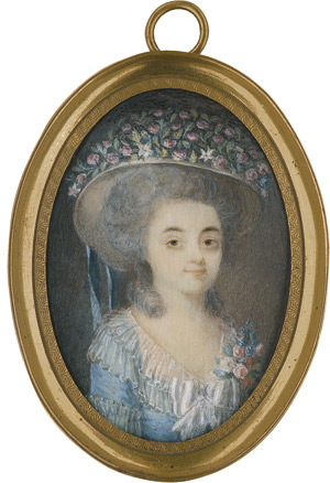 Lot 6504, Auction  113, Französisch, um 1780. Bildnis einer jungen Frau in blauem Kleid mit weißer Gazerüschenbordüre und Seidenschleife mit Rosenstrauß, ihr Stohhut geschmückt mit zahllosen Blumenblüten und blauen Seidenbändern.