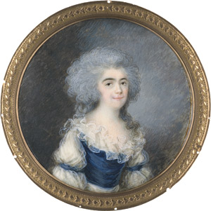 Lot 6507, Auction  113, Wetherill, Anna, Bildnis einer jungen Frau mit grau gepudertem Haar, in rüschenbesetzter weißer Bluse mit blauen Bändern und Mieder.