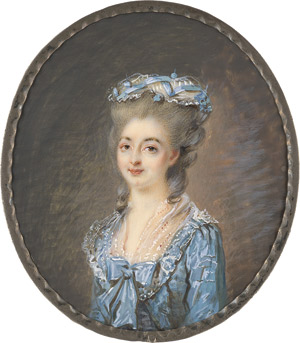 Lot 6509, Auction  113, Labille-Guiard, Adélaide - zugeschrieben, Bildnis einer jungen Frau in hellblauem Satinkleid mit Schleife am Ausschnitt und weißem Mousselin-Fichu, im gepuderten Haar weiße Spitze mit blauen Seidenbändern.