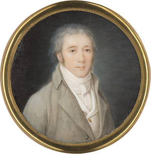 Lot 6512, Auction  113, Doucet de Suriny, Jeanne Marie, Bildnis eines jungen Mannes mit kurzem gepudertem Haar, in hellgrau-beiger Jacke über weißer Weste mit geknoteter Halsbinde.