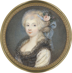 Lot 6513, Auction  113, Deutsch, um 1785. Bildnis eines Mädchens in schwarzem Kleid mit schwarzem Spitzenbesatz und weißen Ärmeln, ein blaues Band und Blumen im hell gepuderten Haar 