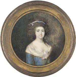 Lot 6514, Auction  113, Französisch, um 1785/1790. Bildnis einer jungen Frau in gestreiftem blauem Kleid mit weißem Fichu, ein hellblaues Seidenband in ihrem Haar. 