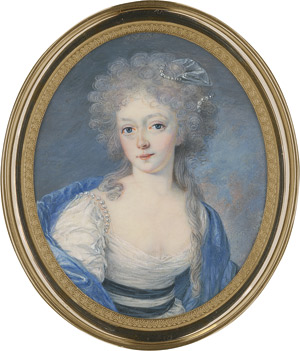 Lot 6515, Auction  113, Zentral- oder Osteuropäisch, um 1785/1790. Bildnis einer jungen Frau in weißem Mousselinkleid mit schwarzen Gürtelbändern und blauem Seidenumhang, Perlenstränge über der rechten Schulter und im grau gepuderten Haar
