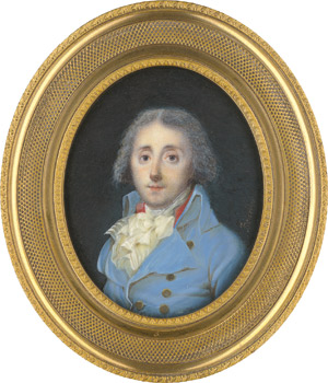 Lot 6517, Auction  113, Bourdon, Bildnis eines jungen Mannes in hellblauer Jacke mit roter Weste, weiß gestreifter Unterweste und geknoteter weißer Halsbinde