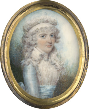 Lot 6519, Auction  113, Jean, Philip - zugeschrieben, um 1760. Bildnis einer jungen Frau in hellblauem Kleid mit weißem Brusttuch und Spitzenkragen, ein weißes Band in ihrem gepudertem Haar.