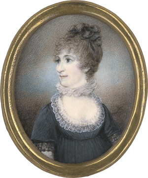Lot 6520, Auction  113, Englisch, um 1805/1810. Bildnis einer zur Seite blickenden jungen Frau in schwarzem Kleid mit spitzenbesetzten kurzen Ärmeln und weißen Spitzenrüschen am Ausschnitt, mit passender Halskrause.