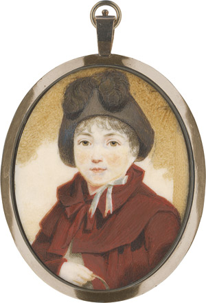 Lot 6524, Auction  113, Englisch, um 1800. Bildnis eines kleinen Mädchens mit schwarzen Federn am Hut und rostroterm Umhang, den Henkel eines Einkaufskorbs haltend