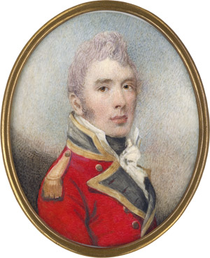 Lot 6525, Auction  113, Wood, William, Bildnis eines jungen britischen Offiziers in roter Uniform mit goldgeränderten grauen Revers und Kragen, Goldepaulette, schwarzer Halsbinde und weißem Jabot 