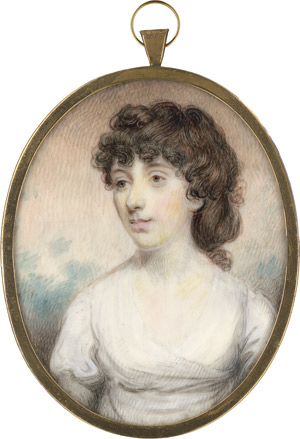 Lot 6526, Auction  113, Englisch, um 1800/1805. Bildnis einer nach links blickenden jungen Frau in hellem Kleid, vor angedeutetem Parkhintergrund.