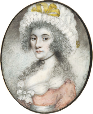 Lot 6527, Auction  113, Hill geb. Dietz, Diana - zugeschrieben, um 1790. Bildnis einer jungen Frau in rosa Kleid mit weißem Fichu und Schleife am Dekolleté, eine weiße Rüschenhaube mit gelbem Band im gepuderten Haar