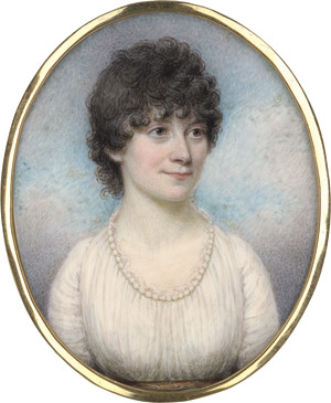 Lot 6528, Auction  113, Burch Jr., Henry Jacob - zugeschrieben, Bildnis einer schwarzhaarigen jungen Frau in weißem Mousselin-Kleid mit Perlenstrang am Ausschnitt, vor Wolkenhintergrund.