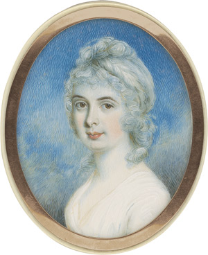Lot 6531, Auction  113, Englisch, um 1790/1800. Bildnis einer jungen Frau in weißem Kleid, ein weißer Schal in ihr gepudertes Haar geflochten. Auf Dose mit Spiegel innen.